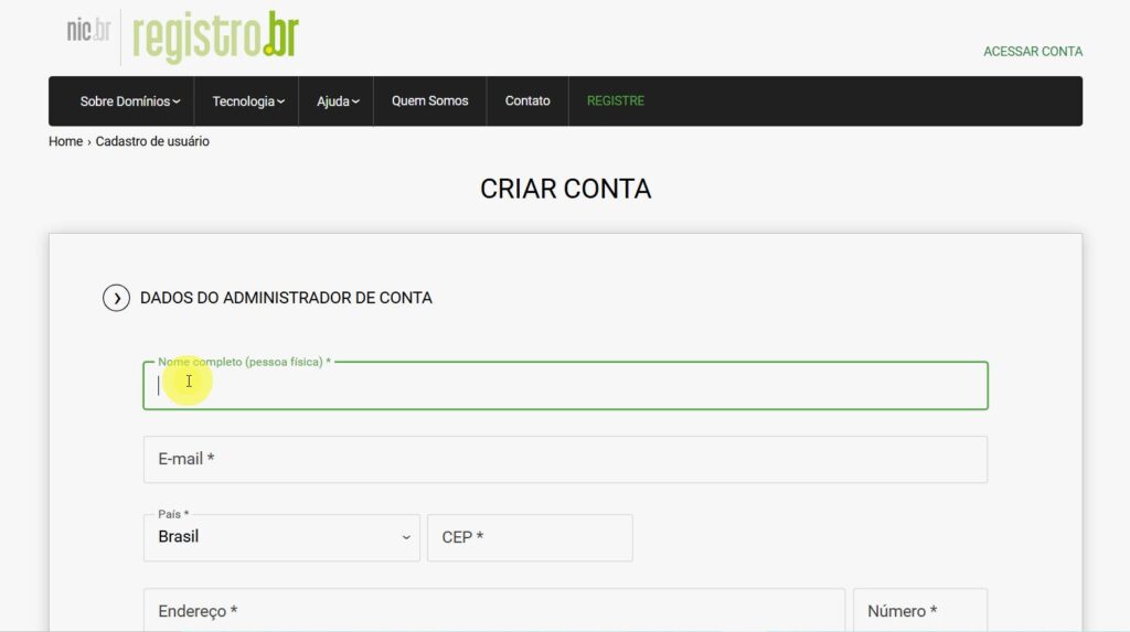 Criar Conta no Registro BR